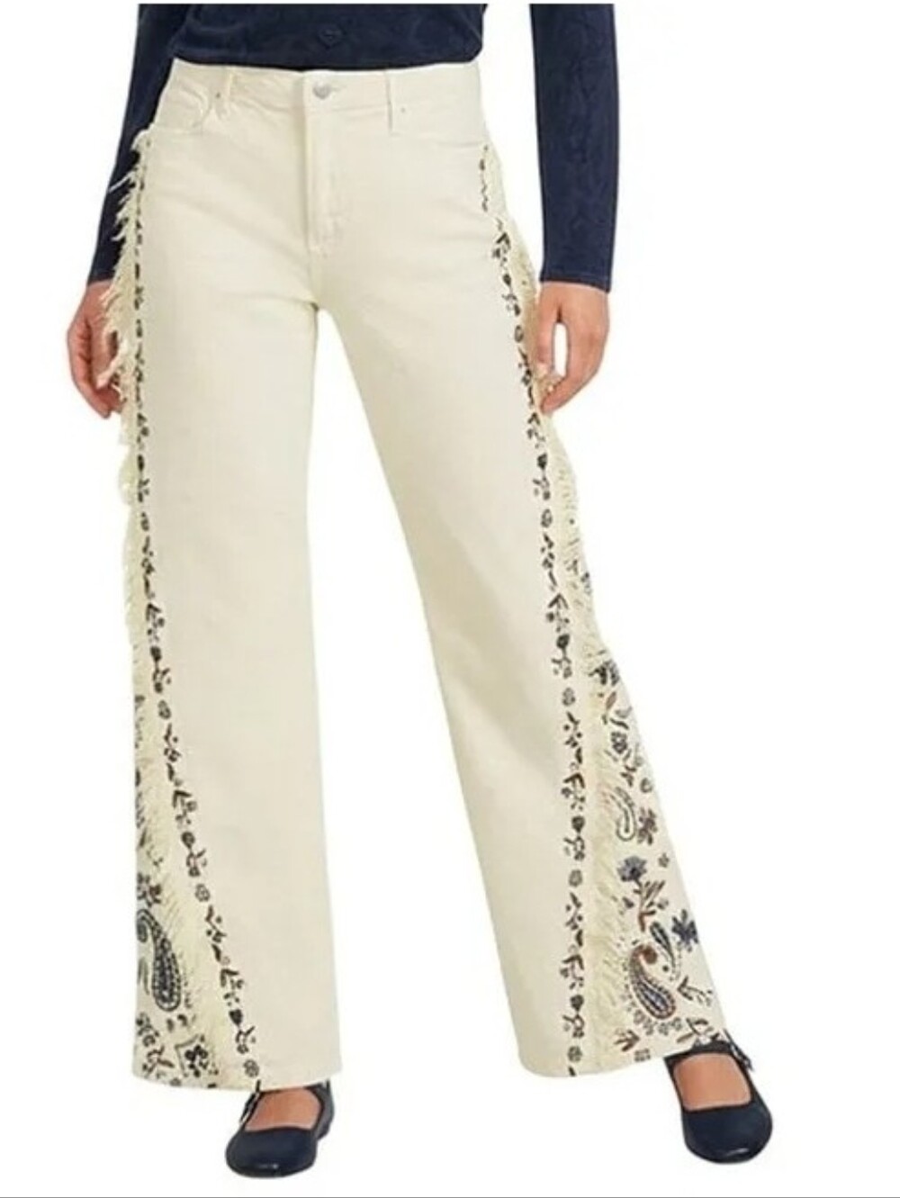 DRIFTWOOD Cream Wide-Leg Jeans with Navy Paisley Side Trim